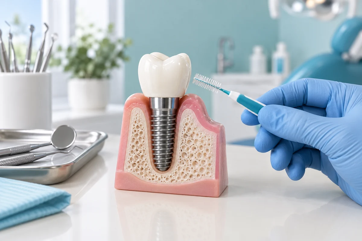 İmplant kesit modeli yanında implant çevresi temizliğini gösteren ara yüz fırçası